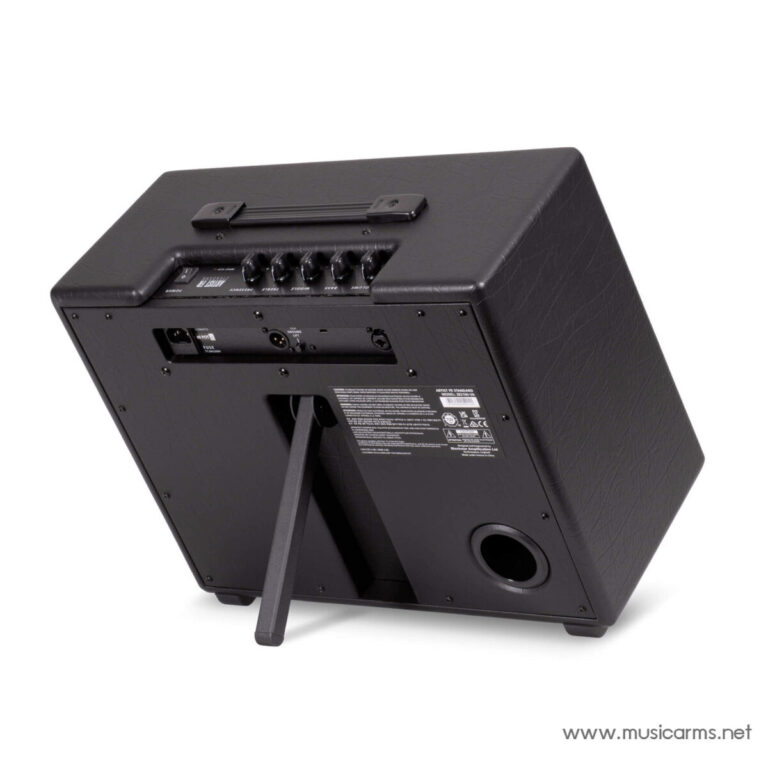 Back view of a black guitar amplifier cabinet with control knobs, input jack, power switch, and a stand-like support leg ขายราคาพิเศษ