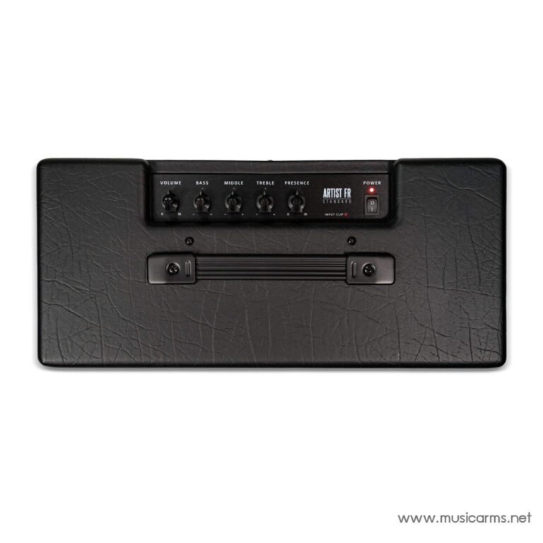 Top control panel of a black guitar amplifier with knobs for Volume, Bass, Middle, Treble and Presence plus a Power switch and red indicator light. ขายราคาพิเศษ