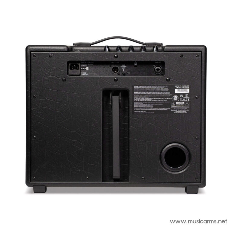 Back view of a black textured guitar amplifier cabinet with a top handle and control/input panel at the rear. The large circular port is visible on the right, with small feet at the bottom. ขายราคาพิเศษ