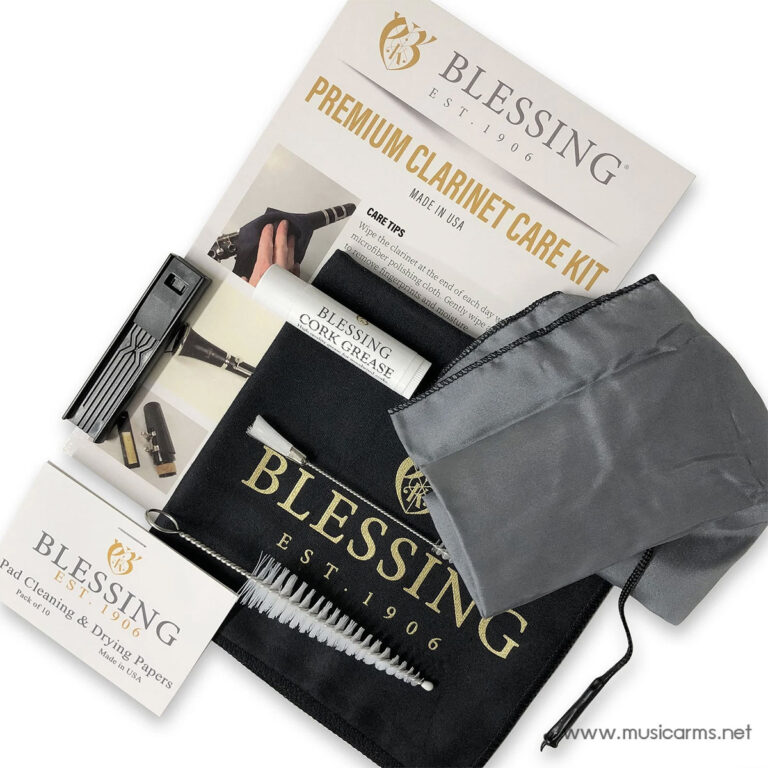 Blessing Premium Clarinet Care Kit components laid out: instruction sheet, grease tube, cleaning swabs, and accessories in a black pouch and drawstring bag. ขายราคาพิเศษ