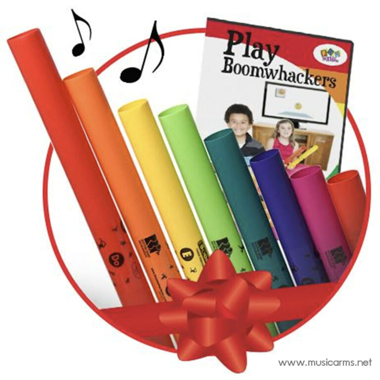Rainbow set of Boomwhacker plastic tubes arranged in a circle with a red gift bow, suggesting a music education gift kit. ขายราคาพิเศษ