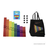 Rainbow array of Boomwhacker tubes arranged from red to purple with a blue instruction card, several black caps, and a black tote bag showing a rainbow bar graphic. ลดราคาพิเศษ