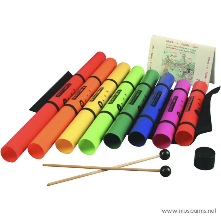 Colorful Boomwhacker tubes laid out in rainbow order with two mallets and a song booklet in the background ขายราคาพิเศษ