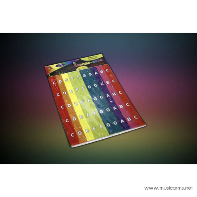 Rainbow-colored music note chart with the letters C D E F G A B in white across rainbow stripes, from musicarms.net ขายราคาพิเศษ