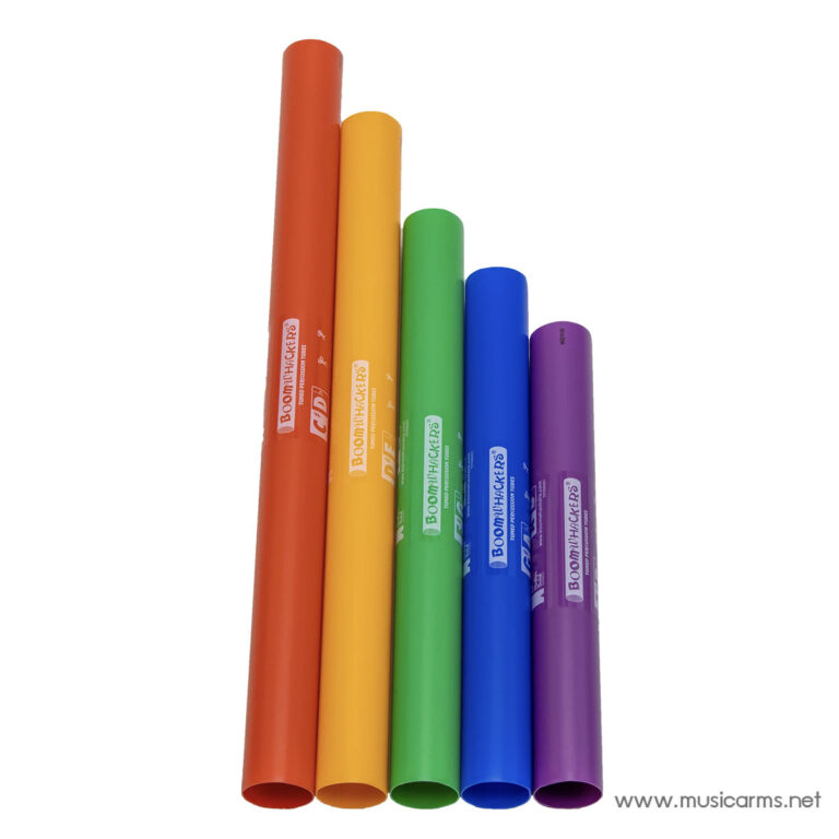 Six colorful Boomwhackers plastic tubes arranged in a row: red, orange, yellow, green, blue, and purple. Includes a small label on each tube. ขายราคาพิเศษ