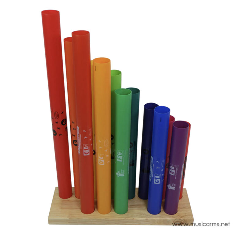 Rainbow-colored hollow tubes arranged by height on a wooden base, a small musical education toy. ขายราคาพิเศษ