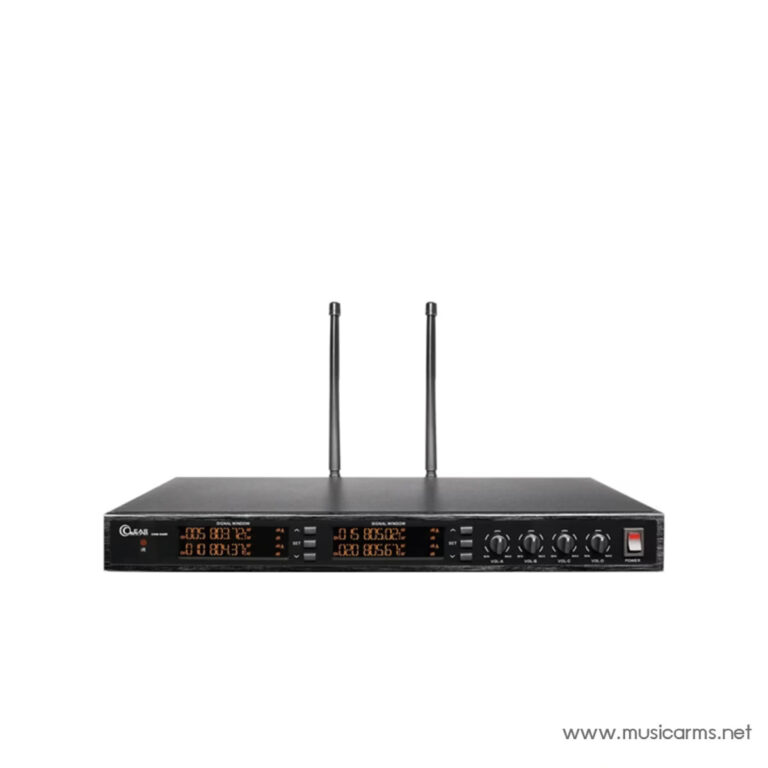 Wireless microphone receiver with two antennas showing orange display panels and control knobs on the front panel ขายราคาพิเศษ