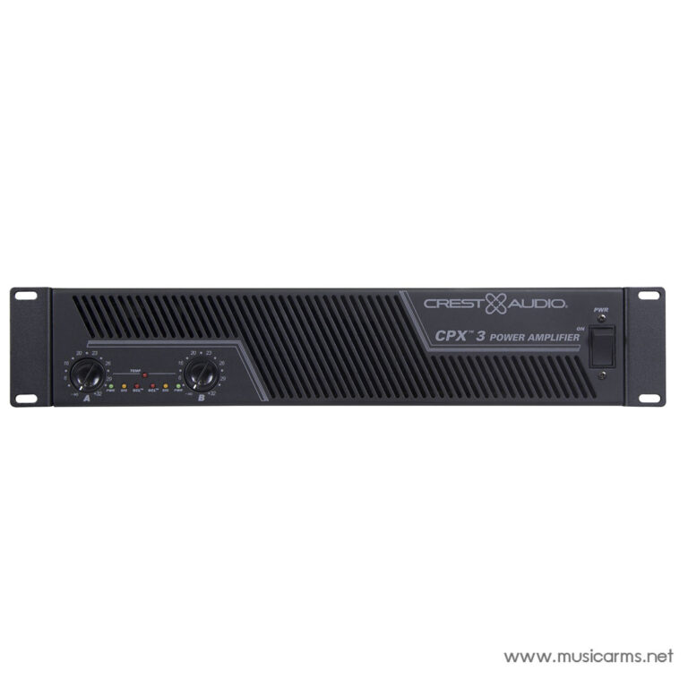 Front panel of Crest Audio CPX 3 power amplifier with two large knobs and ventilation grills (rack-mountable unit). ขายราคาพิเศษ