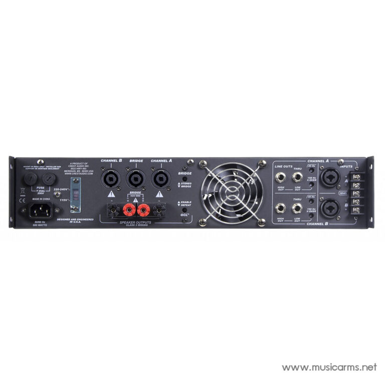 Rear panel of a rack-mounted power amplifier showing speaker outputs, channel A and B inputs, a cooling fan, and a power inlet to the left. ขายราคาพิเศษ