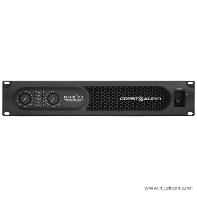 Front panel of Crest Audio Pro-LITE 2.0 2000W professional power amplifier with two knobs, LED indicators, and a power switch in a rack-mount chassis. ขายราคาพิเศษ