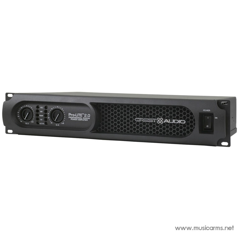 Pro-Lite 2.0 Crest Audio professional power amplifier front panel with two gain knobs, LEDs, and a power switch. ขายราคาพิเศษ
