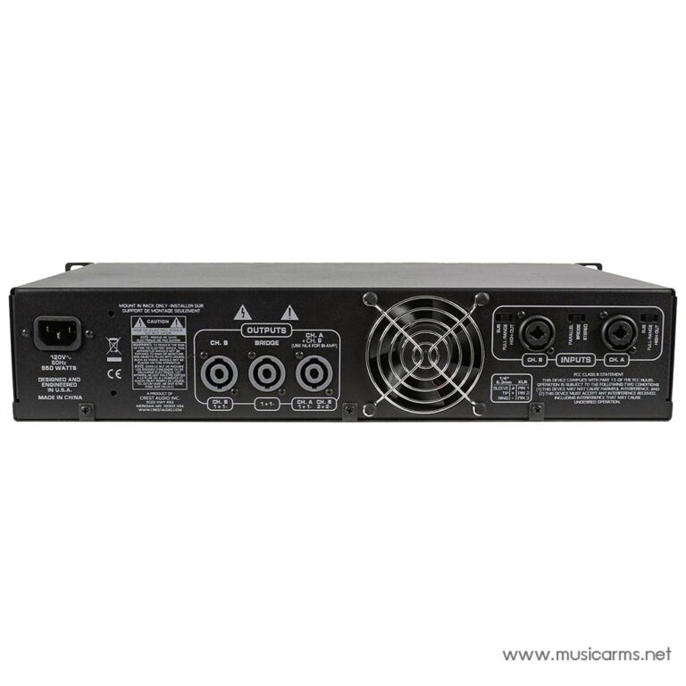 Rear view of a rack-mount audio amplifier showing power inlet, cooling fan, and multiple input/output connectors labeled CH A/CH B (bridge mode). ขายราคาพิเศษ