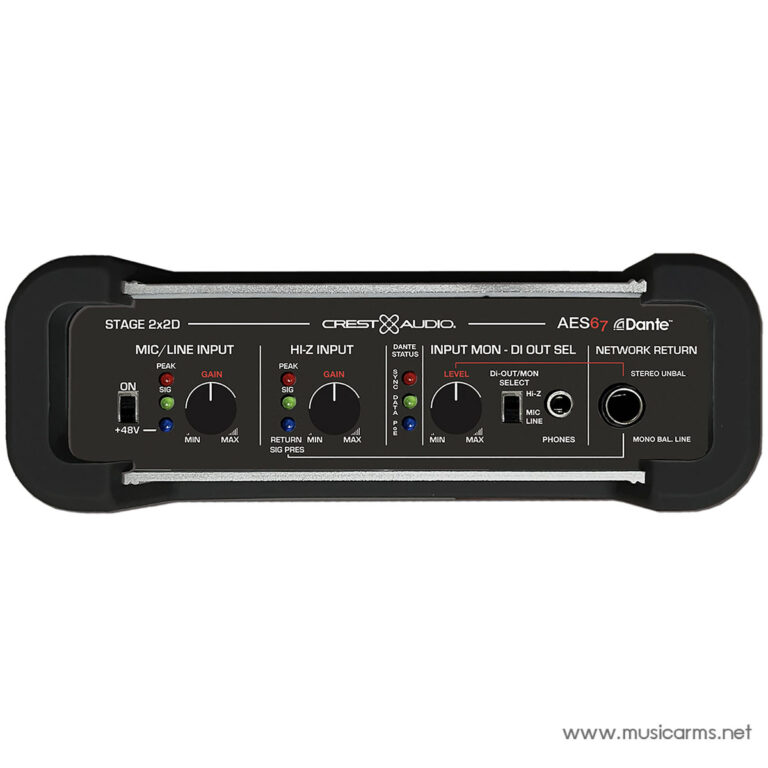 Front panel of Crest Audio Stage 2x2D showing mic/line input and hi‑Z input sections with gain knobs and status LEDs. ขายราคาพิเศษ
