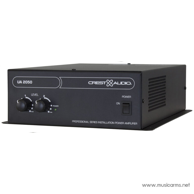 Front view of a Crest Audio UA 2050 professional installation power amplifier with level knobs and power switch on the front panel ขายราคาพิเศษ