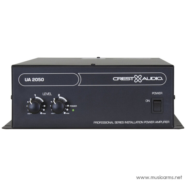 Front view of Crest Audio UA 2050 power amplifier with two Level knobs and a right-side power switch, black metal chassis. ขายราคาพิเศษ