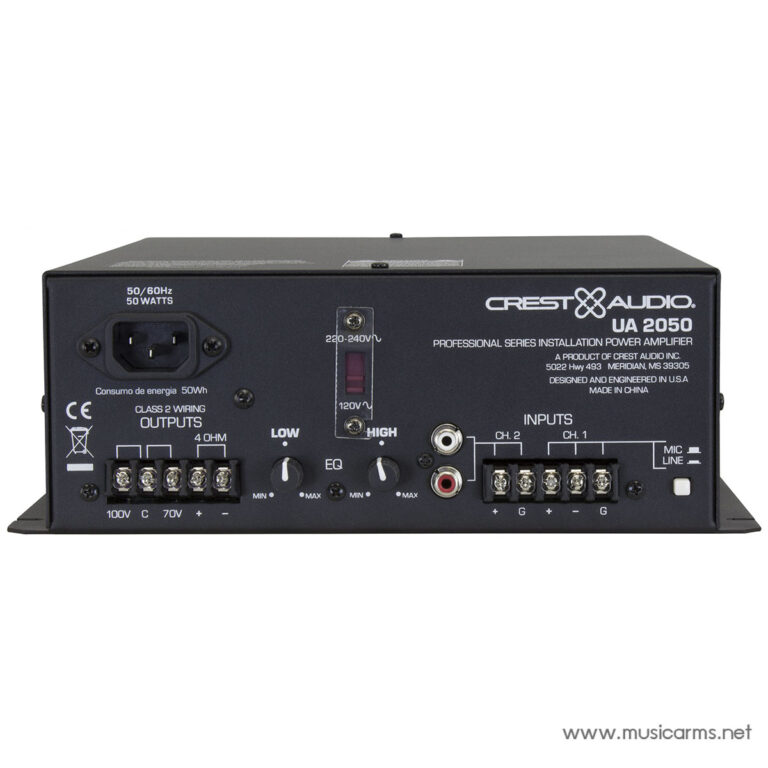 Rear view of a Crest Audio UA2050 professional installation power amplifier: power inlet, output terminals, EQ and level controls, and input connectors visible. ขายราคาพิเศษ