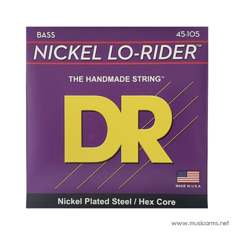 Purple DR bass string package: Nickel Lo-Rider, Nickel Plated Steel / Hex Core, Made in USA, with large yellow DR logo. ขายราคาพิเศษ