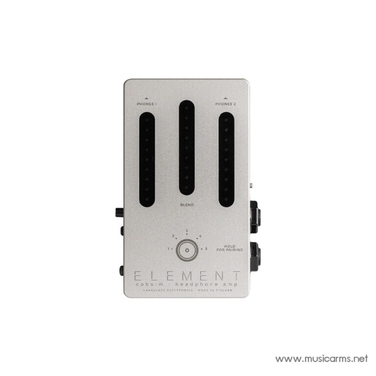 Silver rectangular Element headphone amp with three vertical black sliders (Phones 1, Phones 2, Blend), a circular knob, and 'ELEMENT' branding on the front. Used as a headphone amp with cab sim functionality. ขายราคาพิเศษ