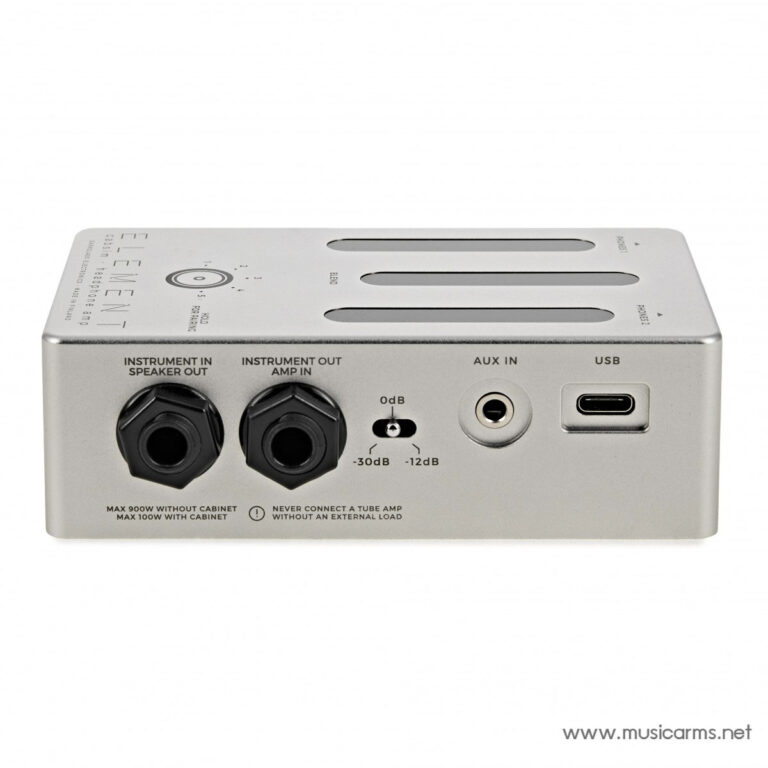 Rear view of a compact silver guitar preamp/interface with instrument in/out jacks, AUX in, and a USB port visible ขายราคาพิเศษ