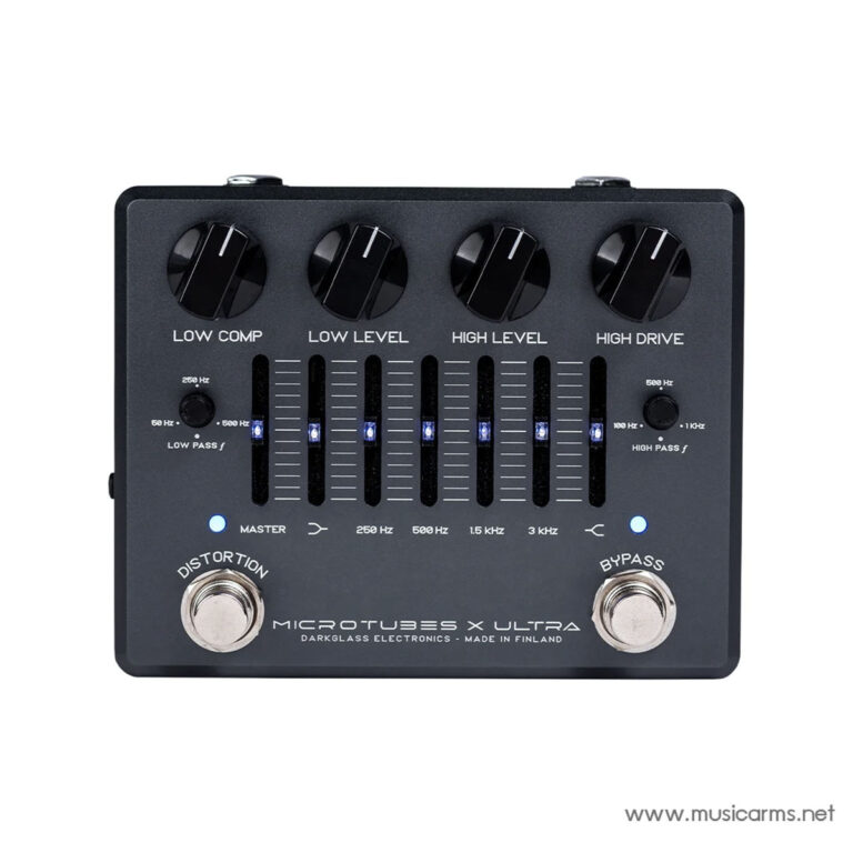 Guitar effects pedal with four top knobs, five vertical sliders, and two footswitches labeled Distortion and Bypass. ขายราคาพิเศษ