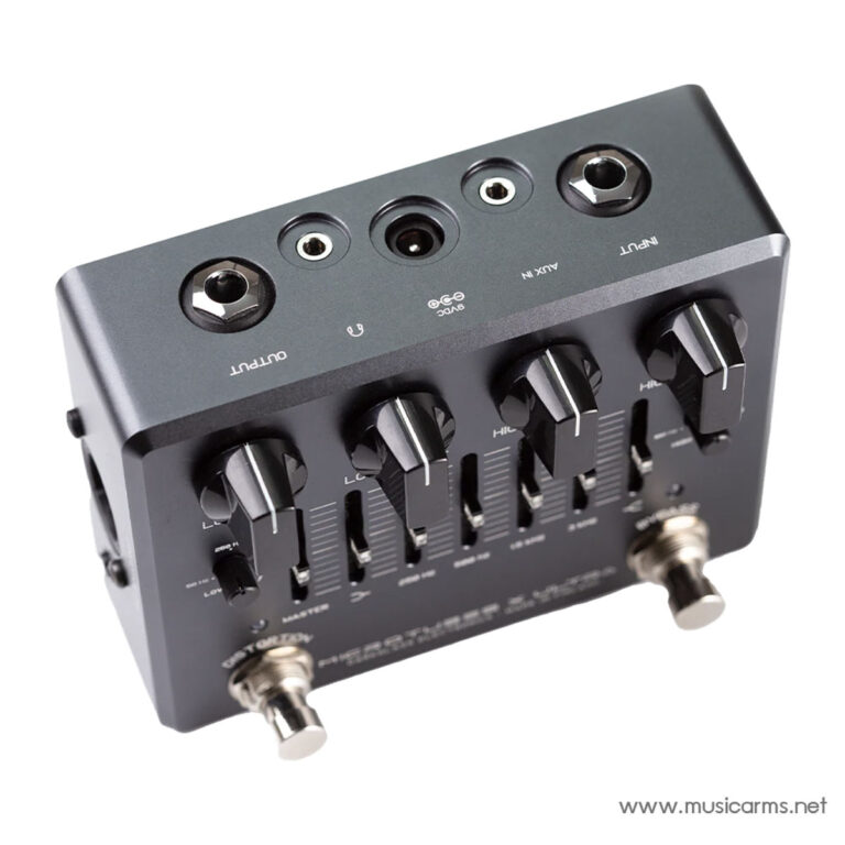 Angled view of a six-knob guitar effects pedal with input and output jacks and two large footswitches on the front edge. ขายราคาพิเศษ