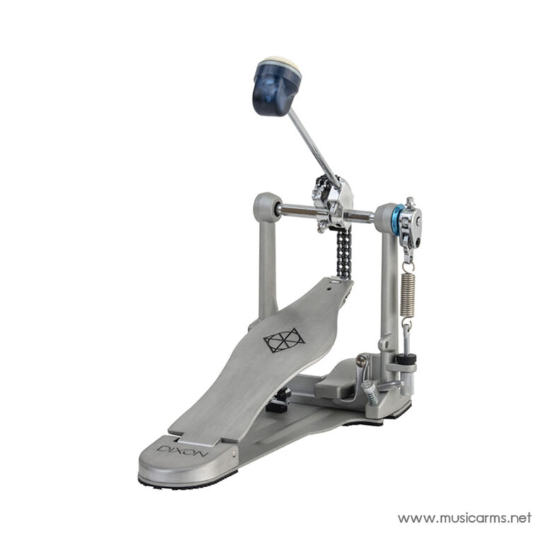 Metal drum bass pedal with chain drive and raised beater, branded Dixon, mounted on a kick drum pedal assembly for striking the bass drum. ขายราคาพิเศษ