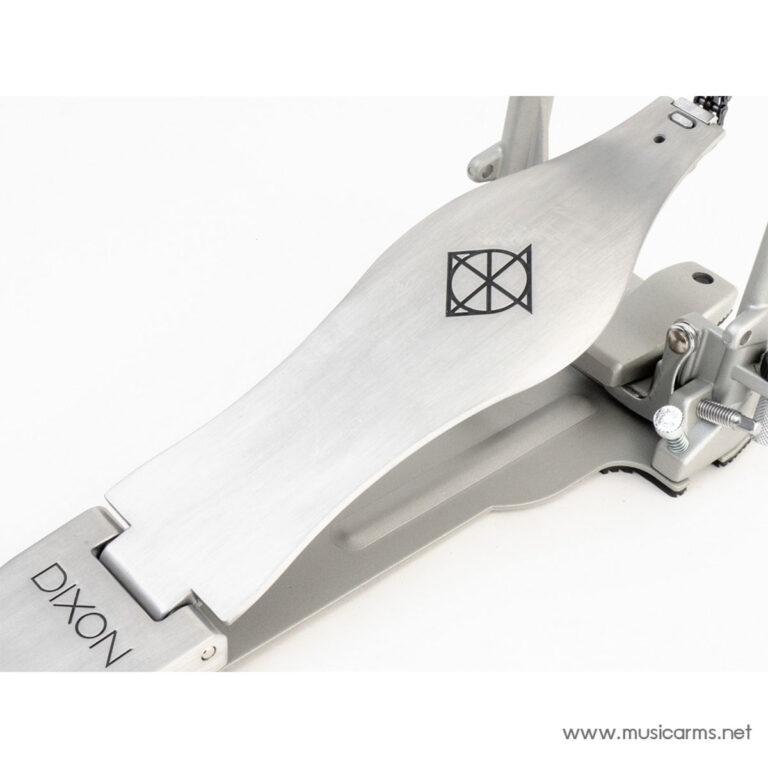 Close-up of a silver Dixon drum kick pedal with a geometric logo on the footblade, showing the linkage and adjustment screws for a drum kit accessory. ขายราคาพิเศษ