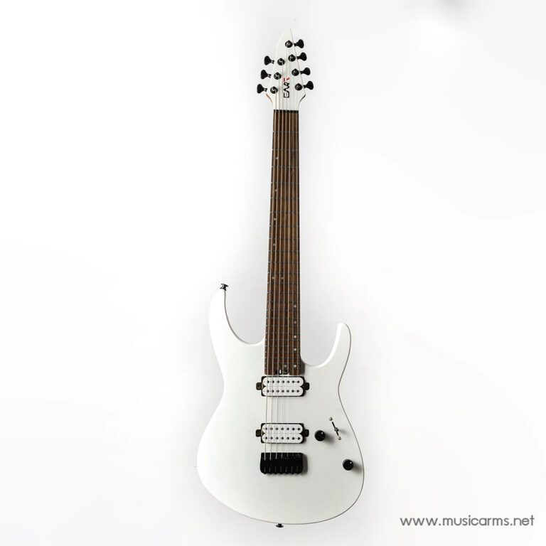 White seven‑string electric guitar with brown rosewood fretboard, two humbucker pickups, and a black bridge on a white background with a musicarms watermark. ขายราคาพิเศษ