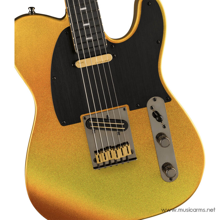 Golden glitter electric guitar with black pickguard and silver hardware, close-up of body and bridge ขายราคาพิเศษ