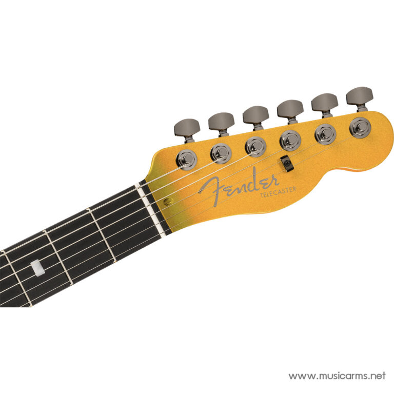 Close-up of a yellow Fender Telecaster guitar headstock with six tuning pegs and guitar strings visible ขายราคาพิเศษ