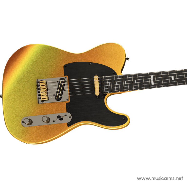 Gold electric guitar with a black pickguard and gold hardware on a white background. ขายราคาพิเศษ