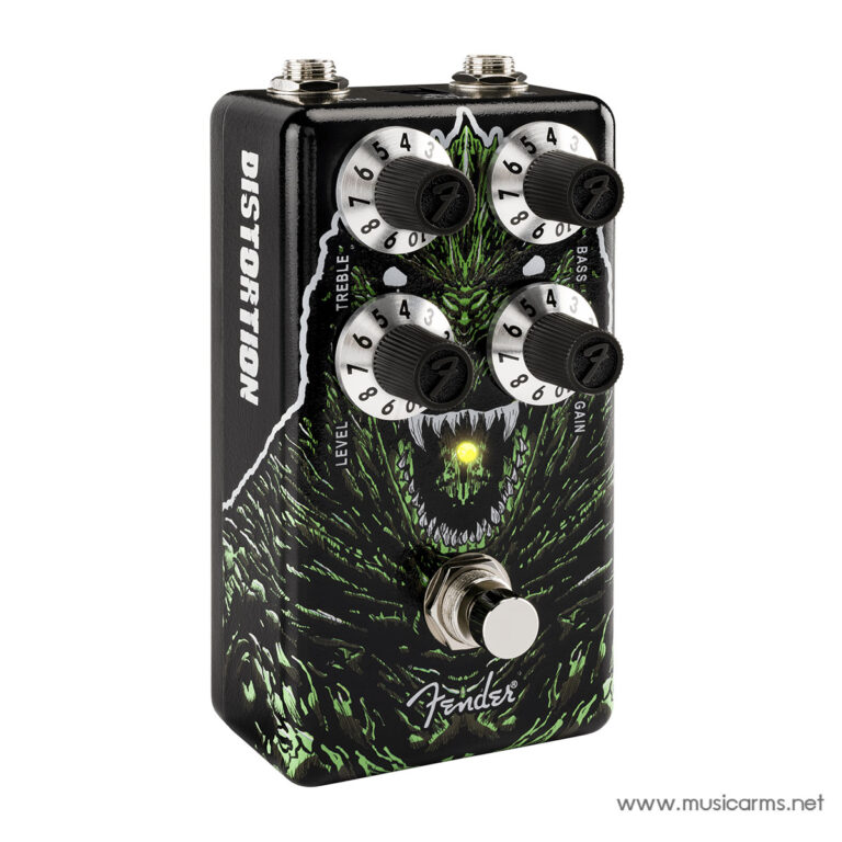 Fender distortion guitar pedal with four numbered knobs and a green dragon artwork, LED lit on the face of the unit ขายราคาพิเศษ