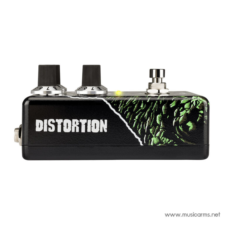 Distortion guitar effects pedal with two knobs, LED indicator, and a metal footswitch on a black graphic enclosure, reads 'DISTORTION'. ขายราคาพิเศษ