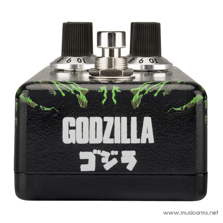 Godzilla-branded guitar effects pedal with two knobs and a metallic center shaft, black body with green claw graphics and Japanese text. ขายราคาพิเศษ