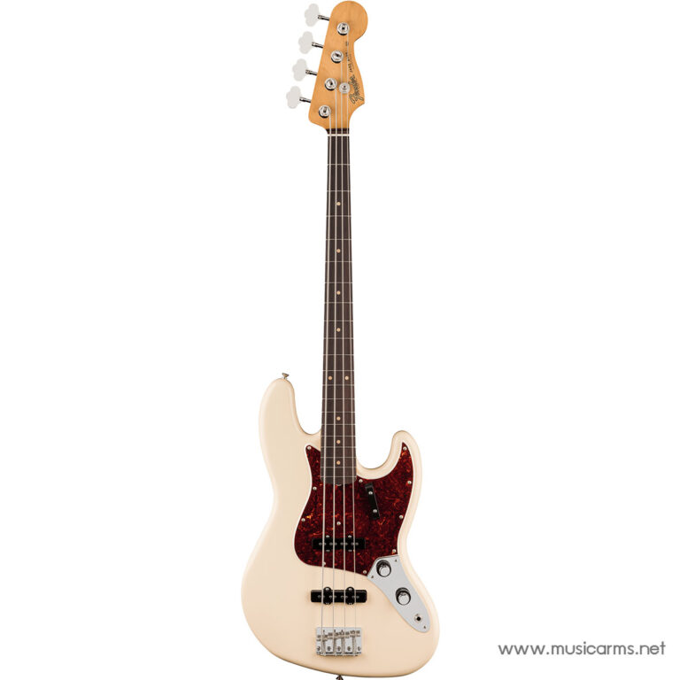 Cream-colored electric bass guitar with a dark tortoise pickguard and chrome hardware on a white background, photographed upright. ขายราคาพิเศษ