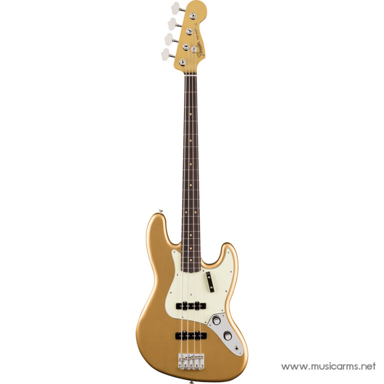 Golden Fender-style electric bass guitar with a white pickguard against a white background. ขายราคาพิเศษ