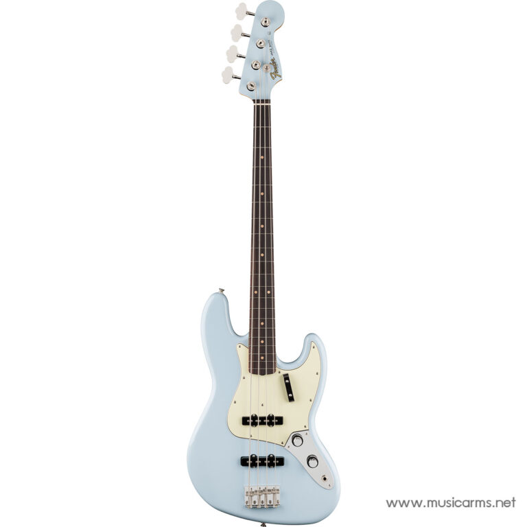 Blue electric bass guitar with a cream pickguard and two black pickups, shown upright against a white background. ขายราคาพิเศษ