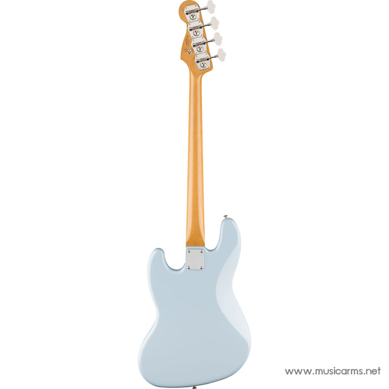 Back view of a light blue solid-body electric guitar with a maple neck and headstock. ขายราคาพิเศษ