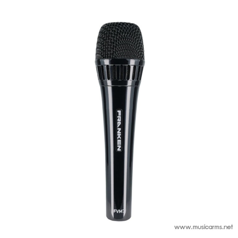 Black handheld dynamic microphone with a metal grille and glossy black body; 'FRANKEN' logo on the shaft, model FVM7 visible at base. ขายราคาพิเศษ