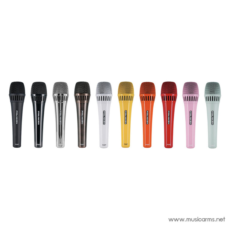 Row of 11 colorful handheld microphones lined up on a white background (colors range from black to mint). ขายราคาพิเศษ
