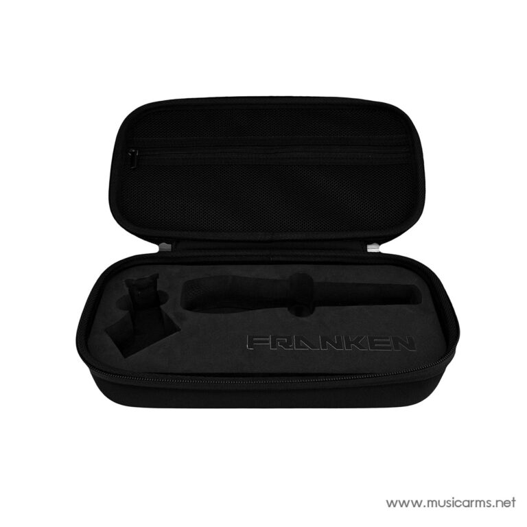 Open black zip case with foam inserts showing compartments for a small wind instrument mouthpiece and accessories; brand FRANKEN embossed inside. ขายราคาพิเศษ