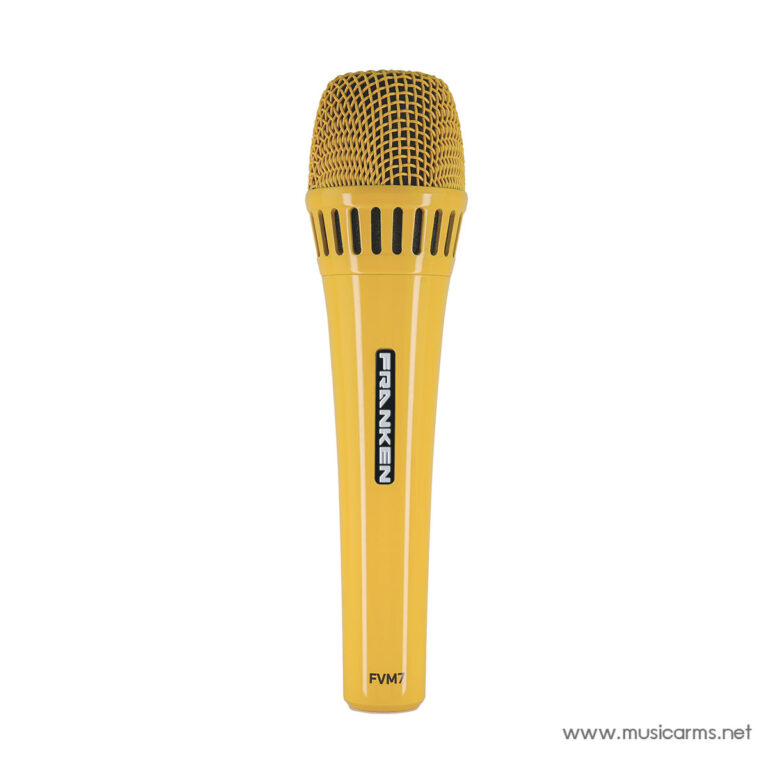 Yellow handheld microphone with a metal grille on top and a vertical 'FRNKEN' label along the body against a white background. ขายราคาพิเศษ