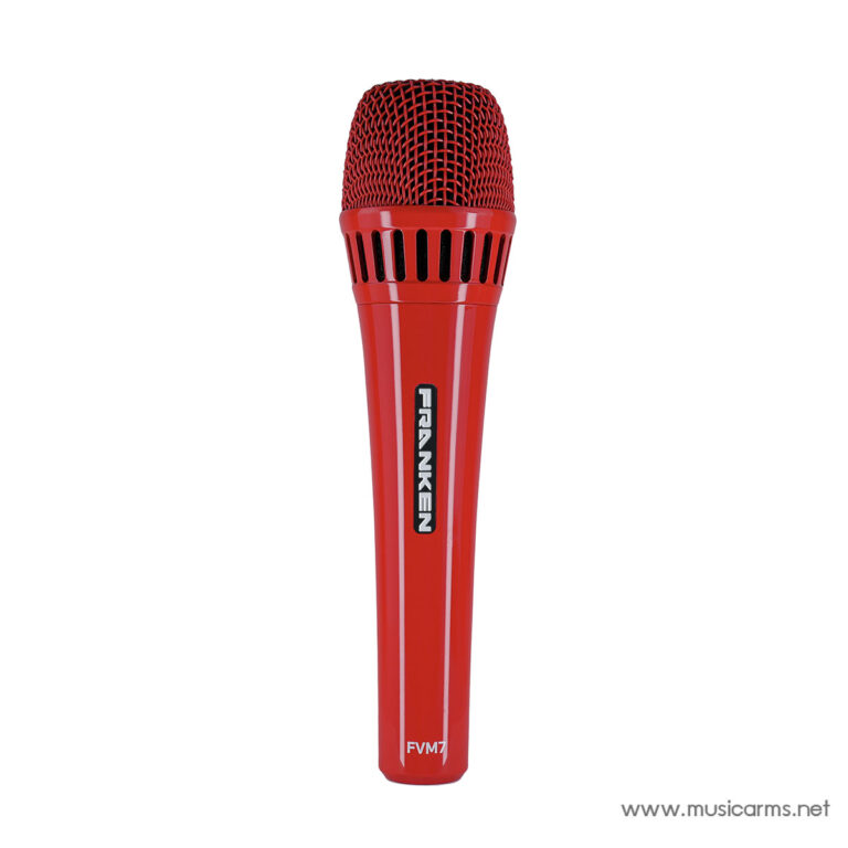 Red handheld microphone with a mesh grille and a black-framed brand label running vertically along the shaft (FRANKEN). ขายราคาพิเศษ