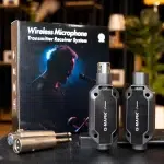 Box for a Wireless Microphone Transmitter Receiver System with a singer silhouette on the front, next to two G-MARK LT transmitters on a table. ลดราคาพิเศษ