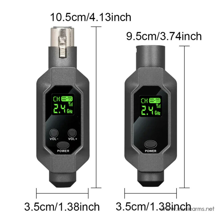Two handheld digital meters with green LCDs showing 2.4 GHz; dimensions labeled for each unit (left: 10.5 cm × 3.5 cm, right: 9.5 cm × 3.5 cm). ขายราคาพิเศษ
