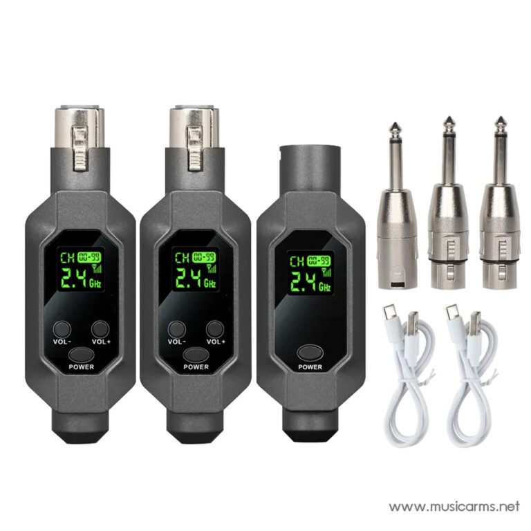 Set of three wireless guitar transmitter units with LCD displays and control buttons, plus three 1/4-inch plug adapters and USB cables for charging or charging/syncing ขายราคาพิเศษ