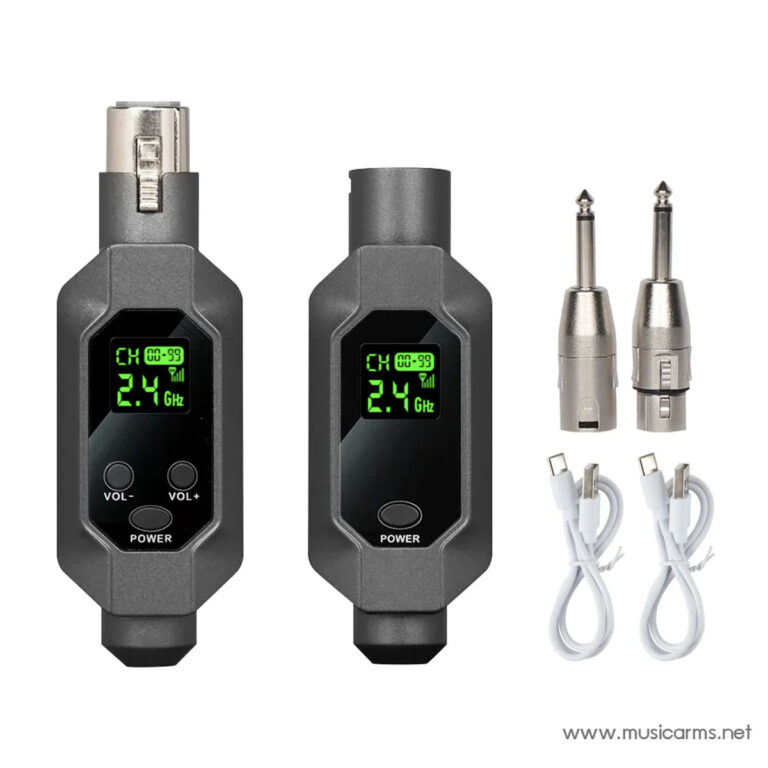 Two wireless guitar tuners with 2.4 GHz LCD displays and control buttons, plus two 1/4 inch cables shown on the side. ขายราคาพิเศษ