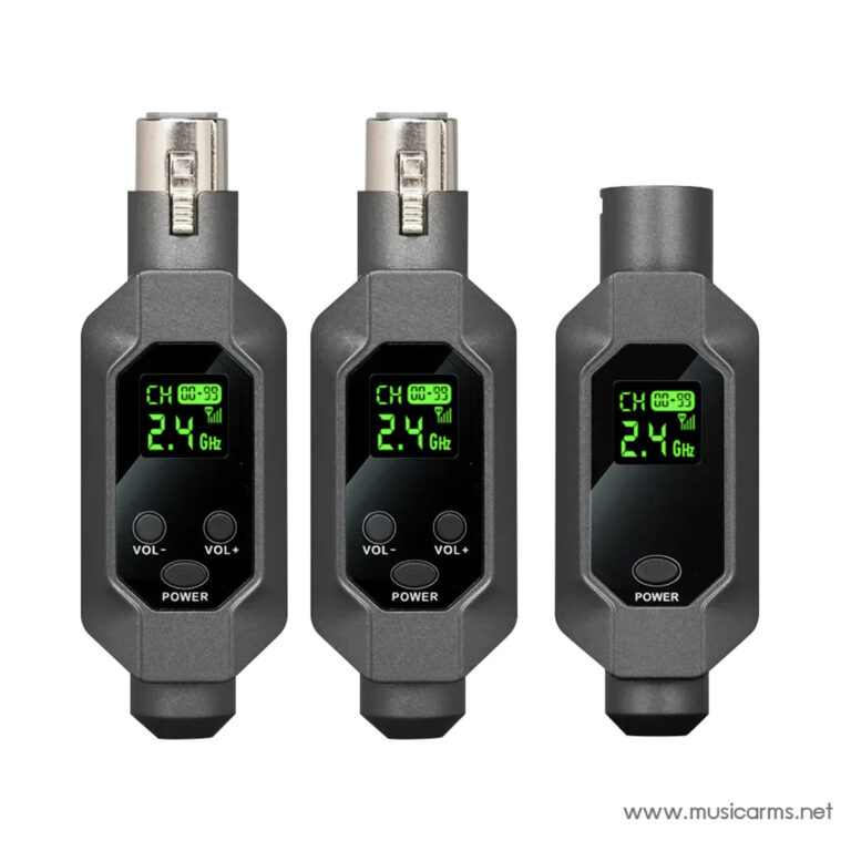 Three gray wireless instrument tuners with green LCDs showing CH 2.4 GHz and volume/power controls viewable on each unit. ขายราคาพิเศษ