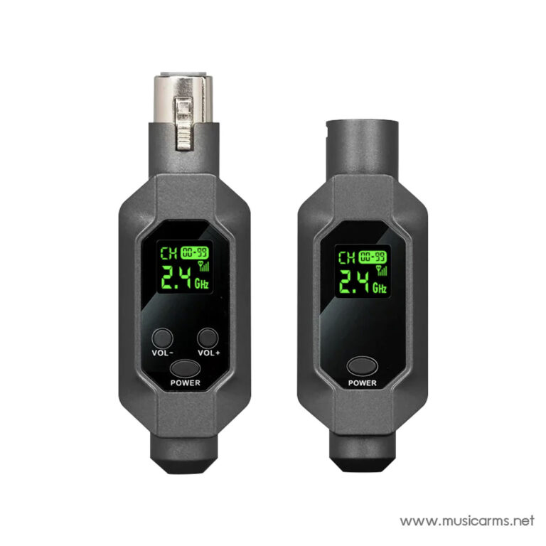 Two gray and black wireless transmitters with green LCD screens showing CH 00-99 and 2.4 GHz, placed side by side. ขายราคาพิเศษ