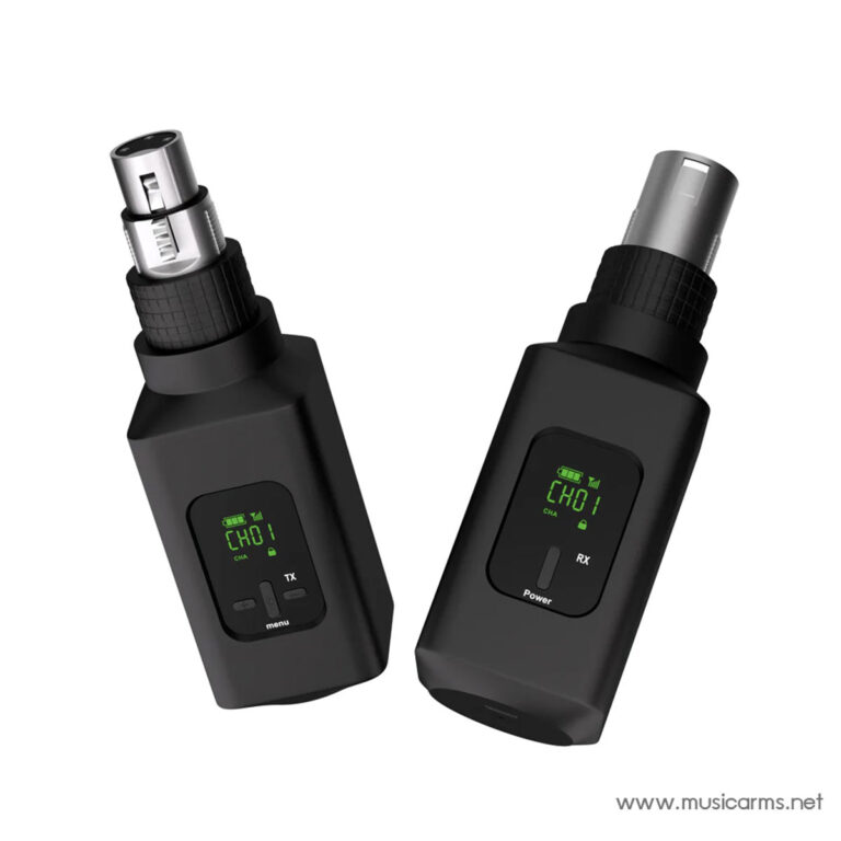 Two black wireless microphone transmitters with green LCD displays showing channel 01 (CH01). ขายราคาพิเศษ
